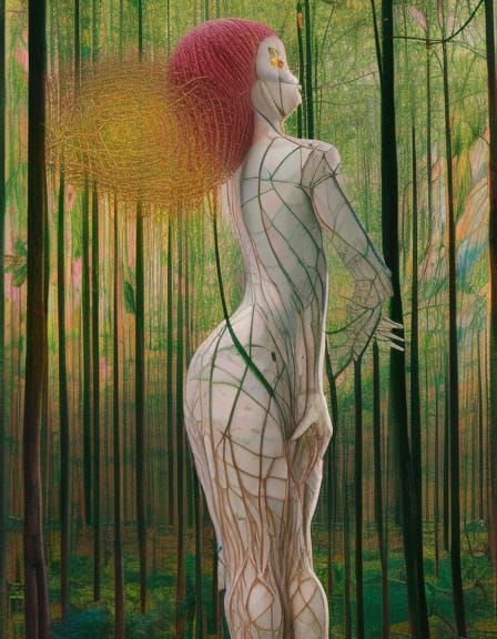 Sunset Human-Vine Hybrid in Forest, Detailed Art