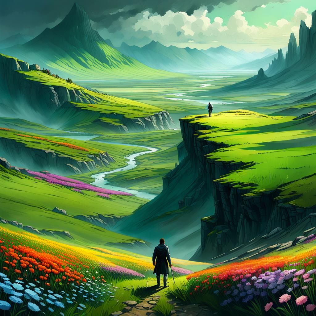 Colorful Valley Vista in Dark Fantasy Realism