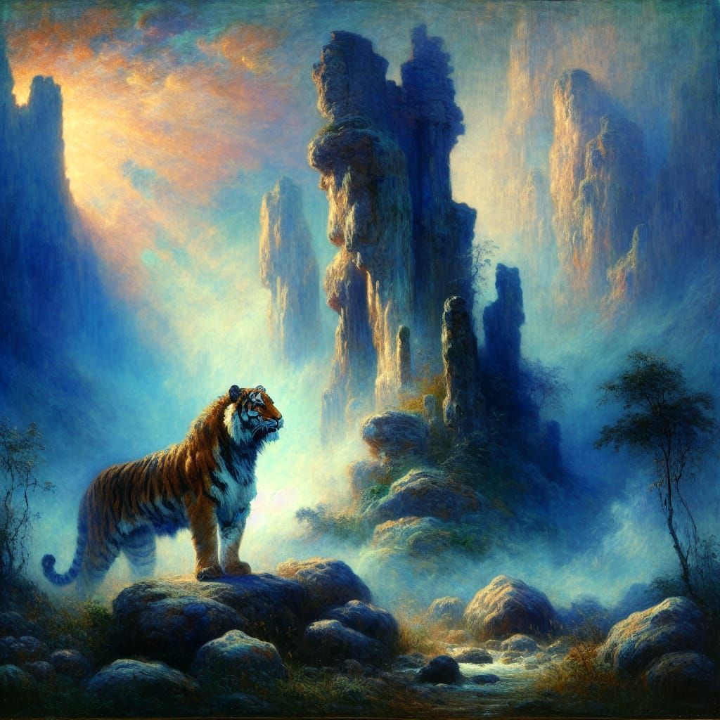 Majestic Tiger Emerges at Dawn: Romantic Oil Painting