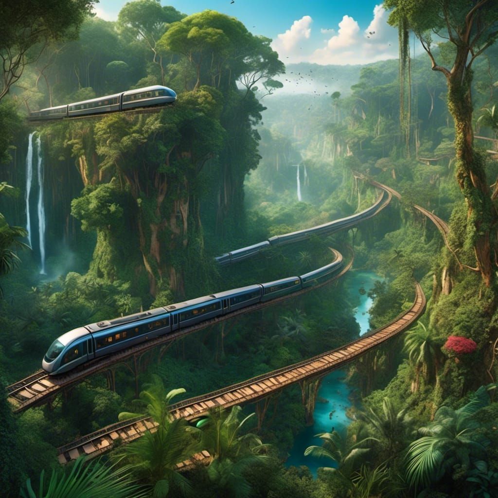 Jungle Train Aerial View in Henri Rousseau Style