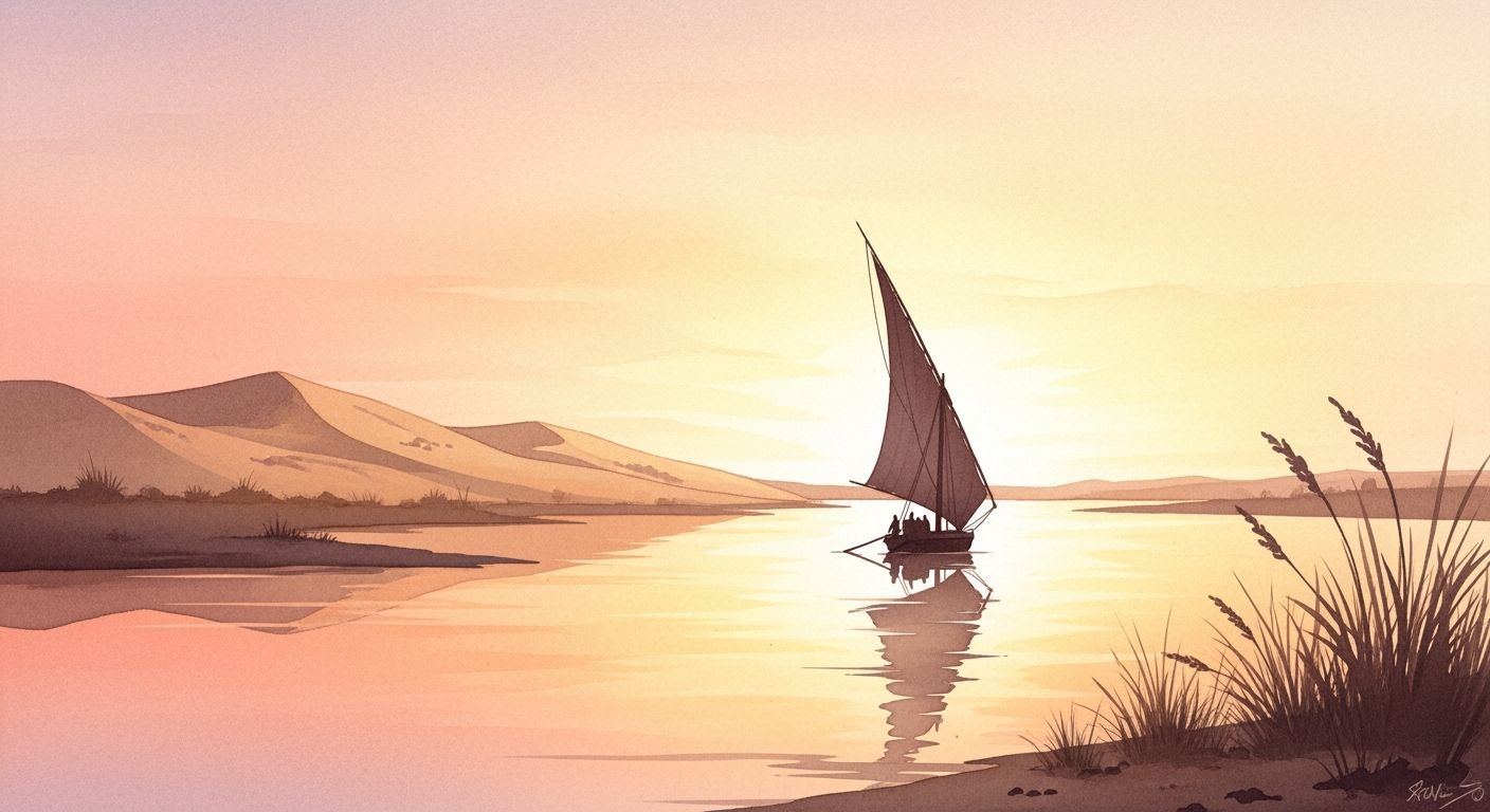 Nile Felucca at Golden Hour: A Watercolor Painting
