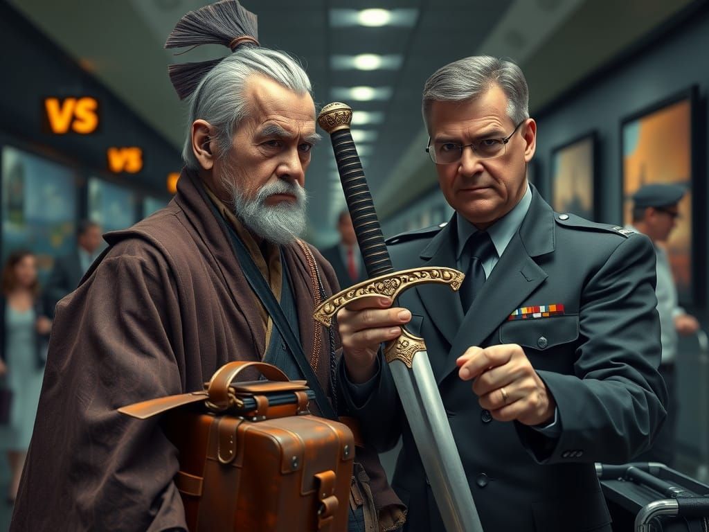 Samurai Meets Customs Officer in a Haunting Airport Scene