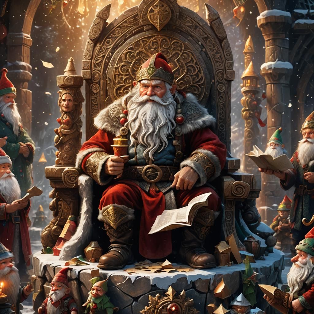 Viking Santa on North Pole Throne with Elves