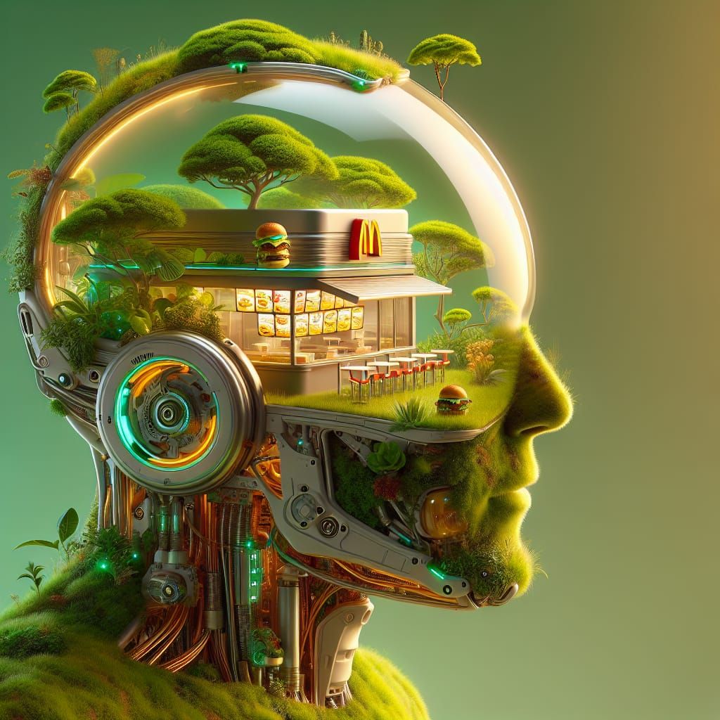 Futuristic Robot with Miniature Restaurant