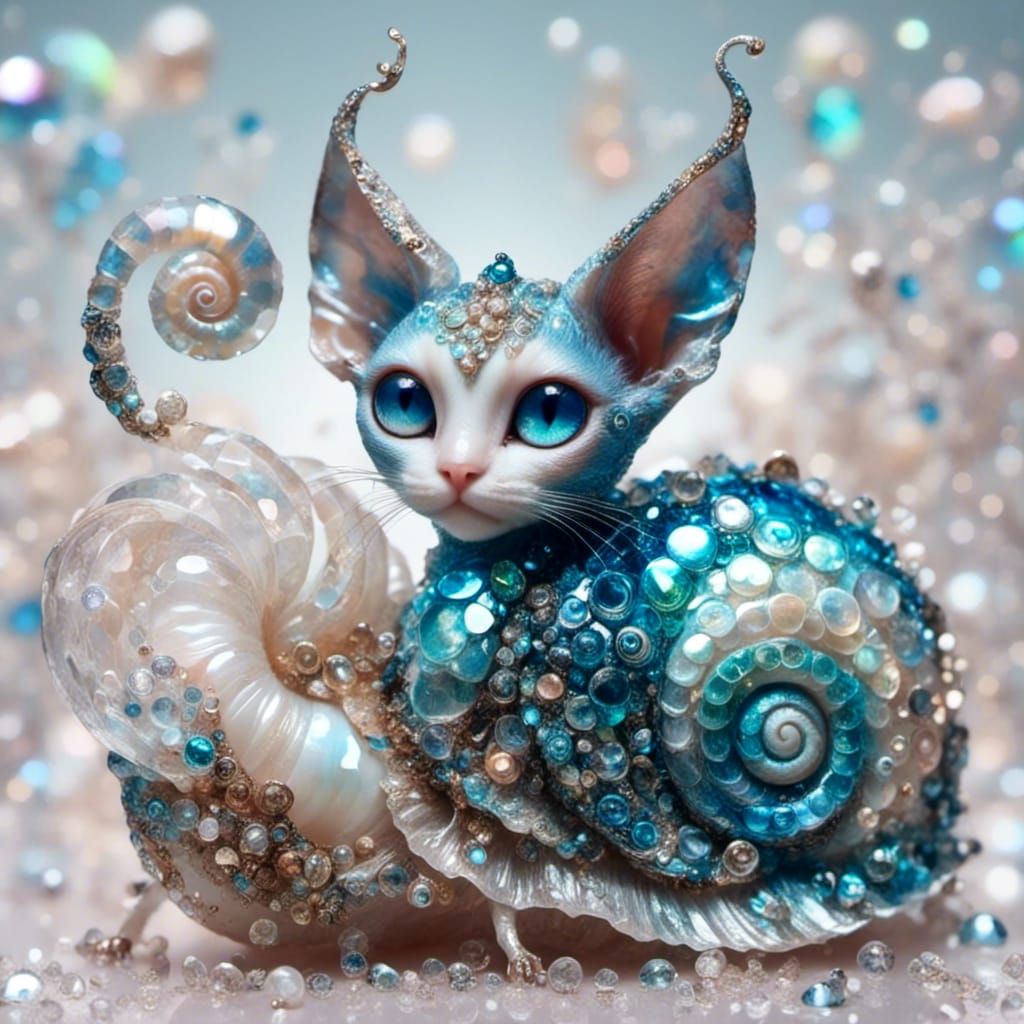 Iridescent Cat-Snail Hybrid with Mother-of-Pearl Shell