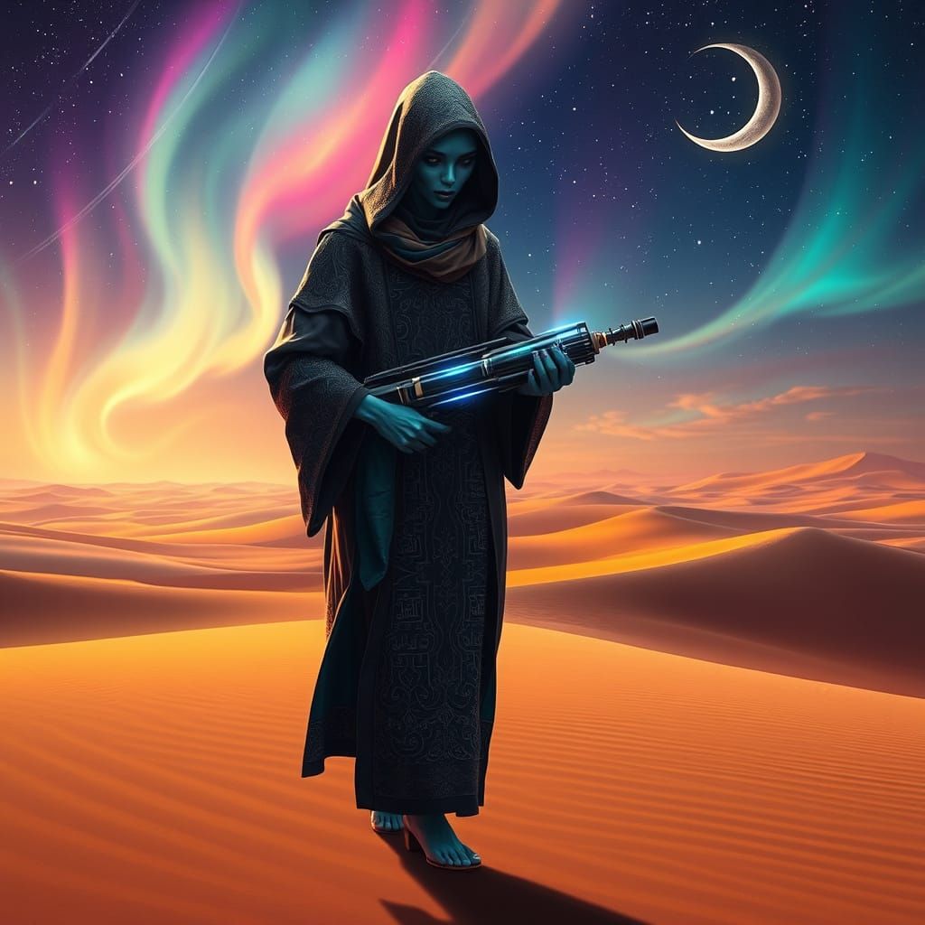 Enigmatic Space Wanderer with Glowing Calligraphy and Cosmic...