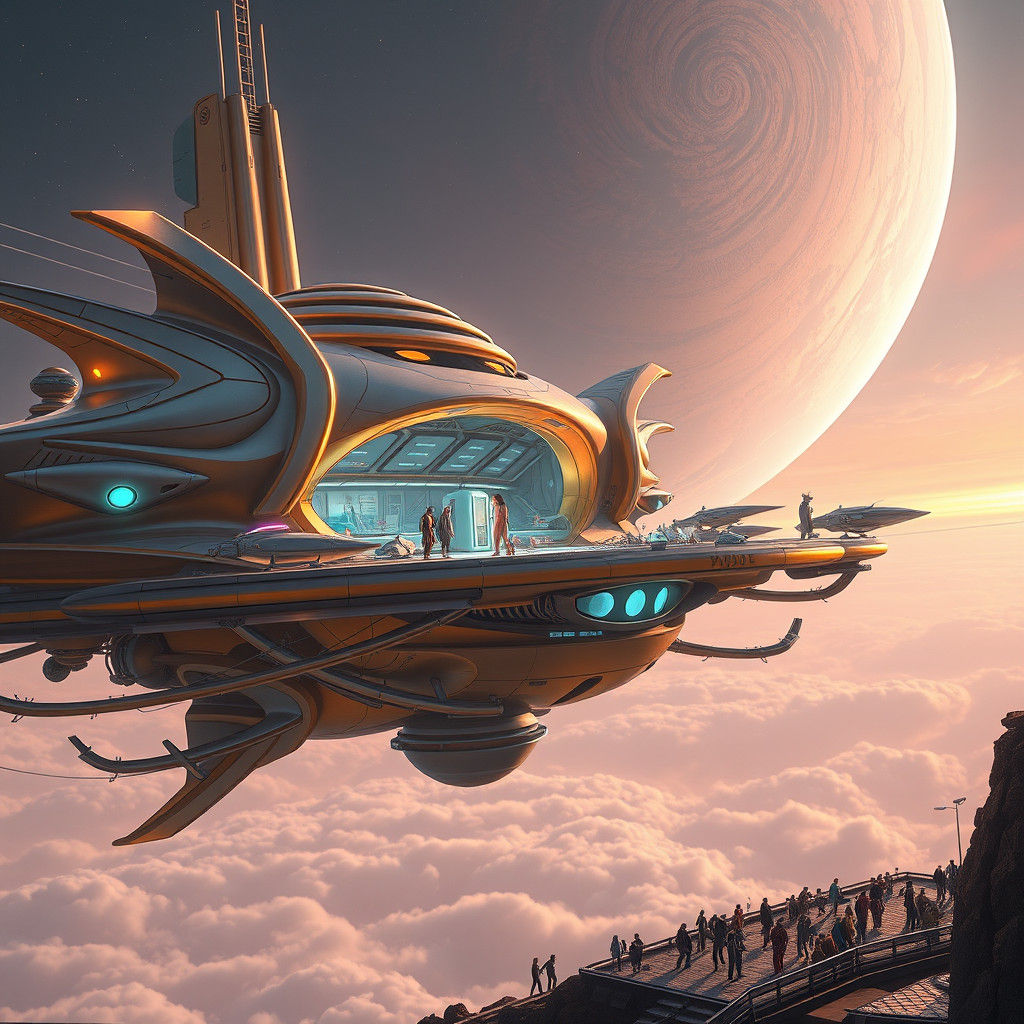 Iridescent Fuel Station Above Gaseous Planet