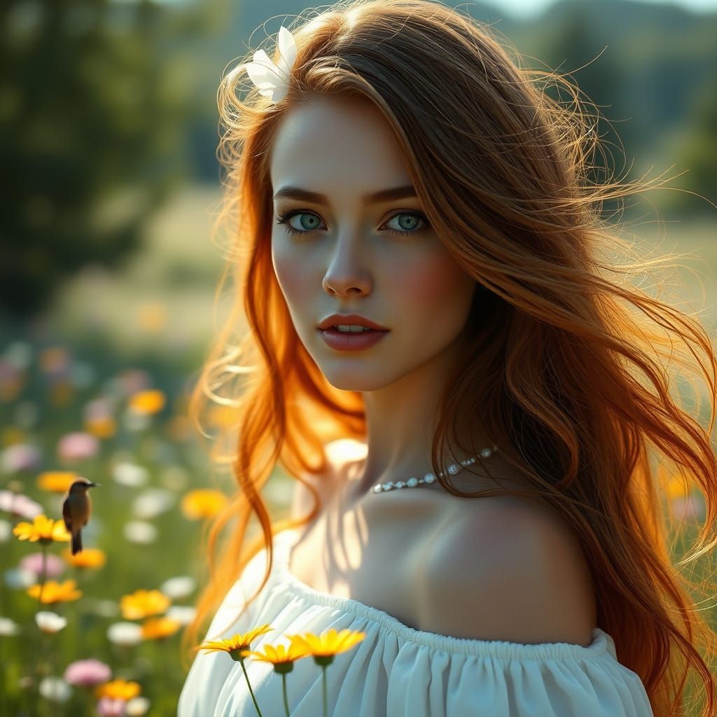 Eurasian Woman in Sun-Drenched Wildflower Meadow
