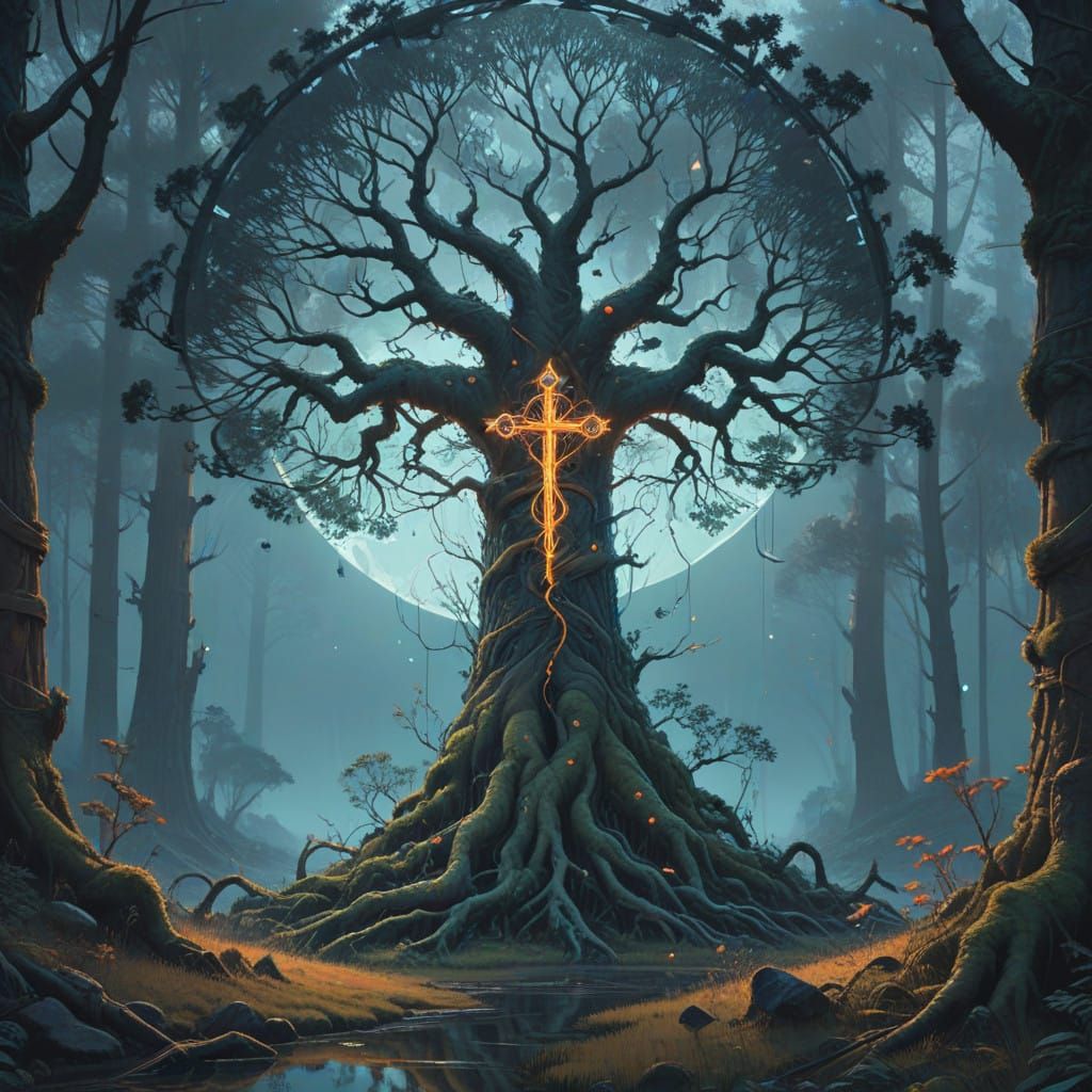 Symbolic Tree of Life with Gnostic Cross in Mystical Art Sty...