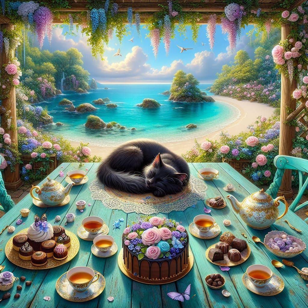 Serene Fantasy Garden Scene in Warm Colors