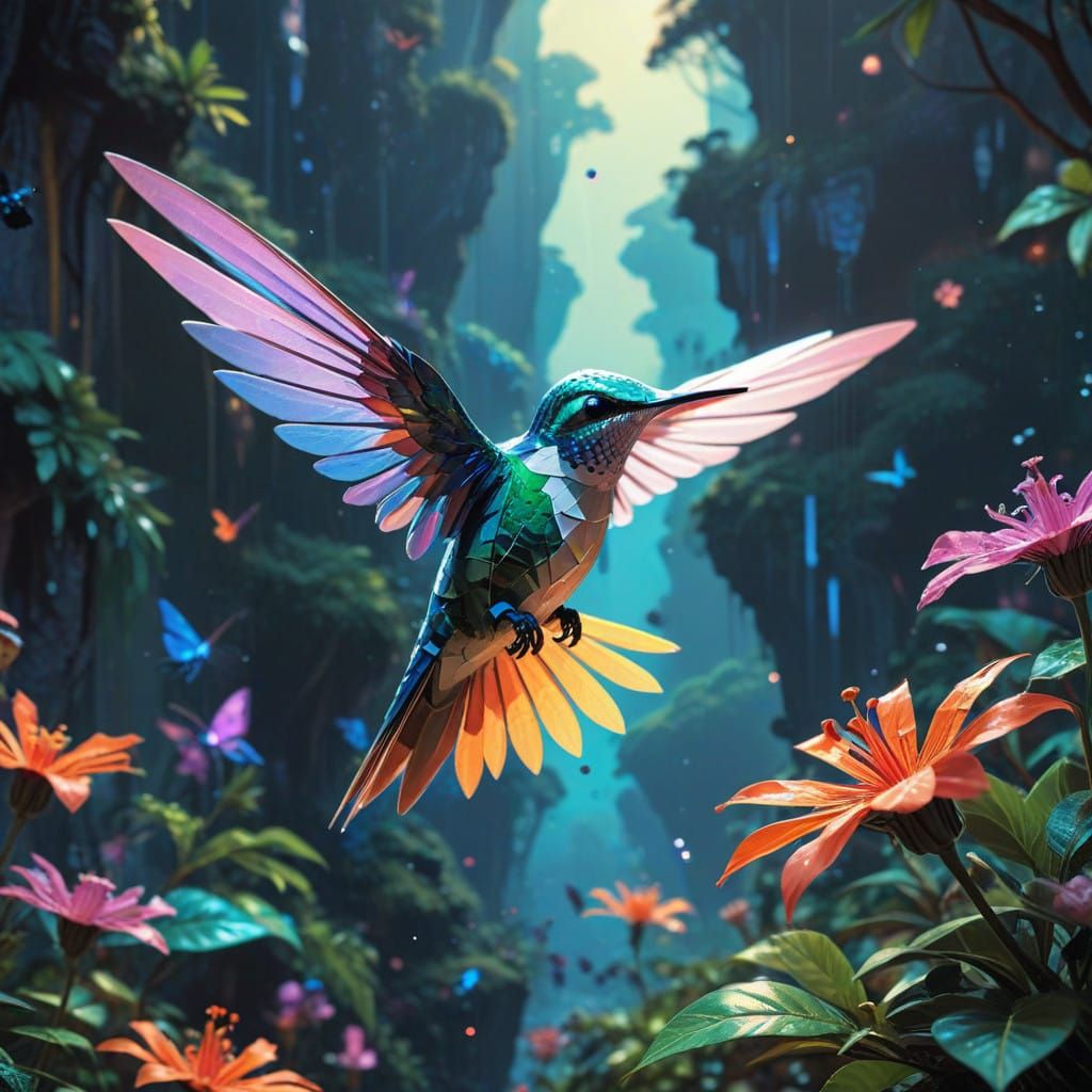 Vibrant Hummingbird Hovers Before Majestic Flower in Origami...
