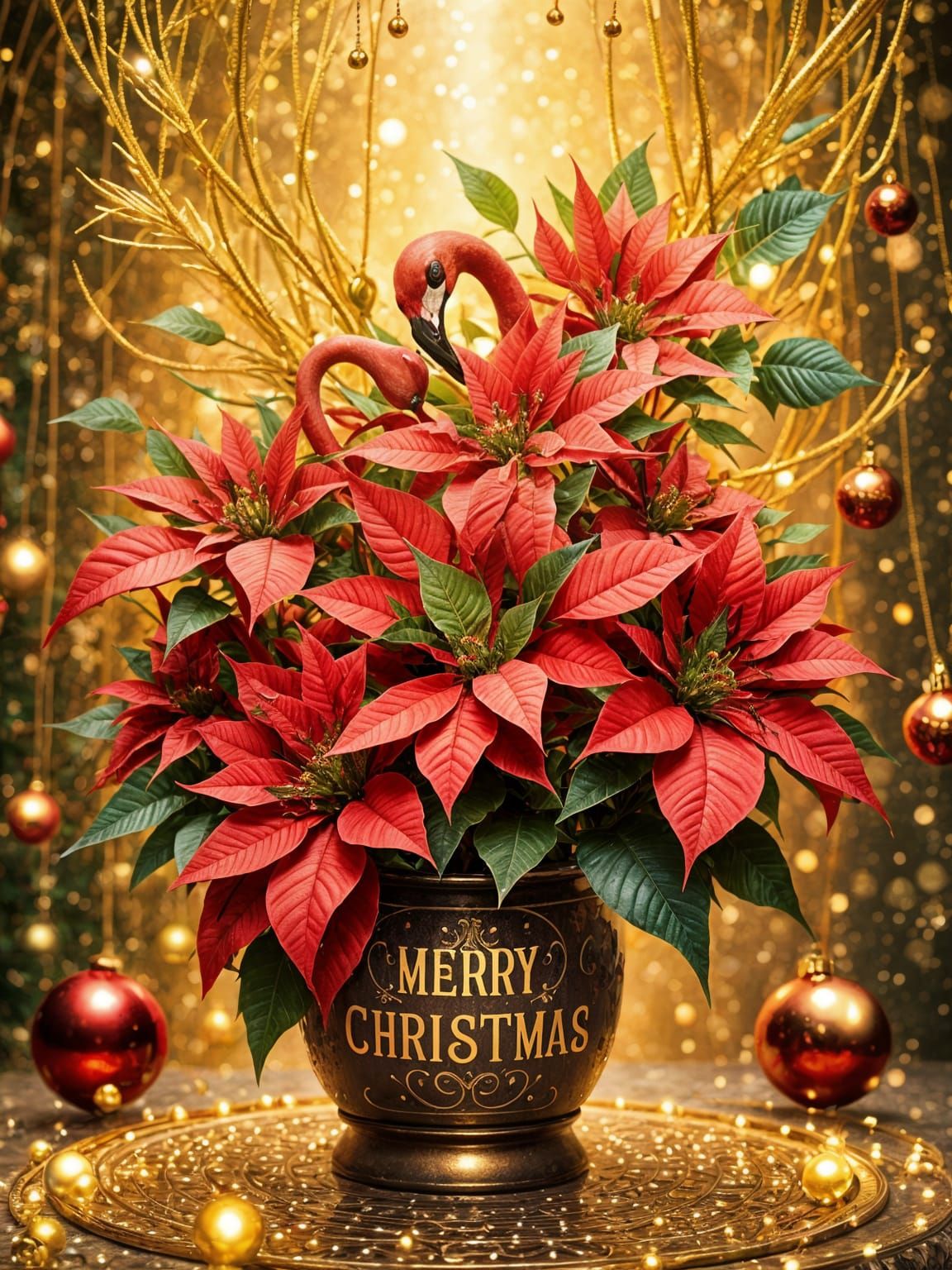 Stunning Christmas Poinsettia and Flamingo on Golden Backgro...