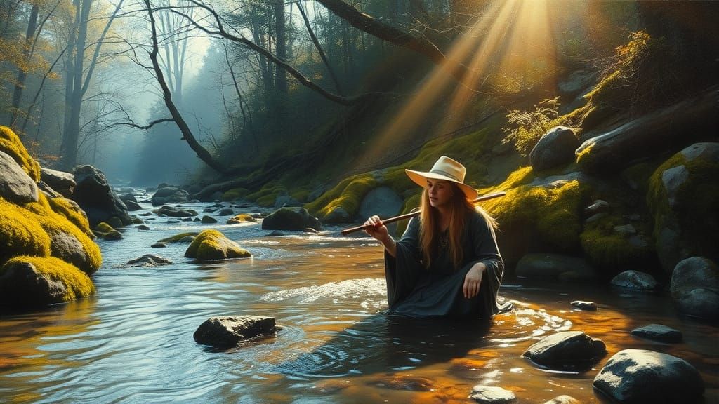 Appalachian Witch in Mountain Stream, Realistic Oil Painting