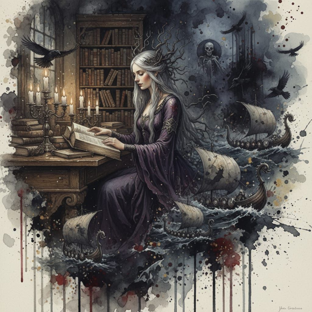 Norse Goddess Contemplating Viking Lore in Moody Watercolor