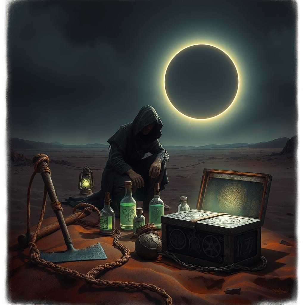 Shrouded Wasteland Eclipse Scene in Mysterious, Whimsical St...
