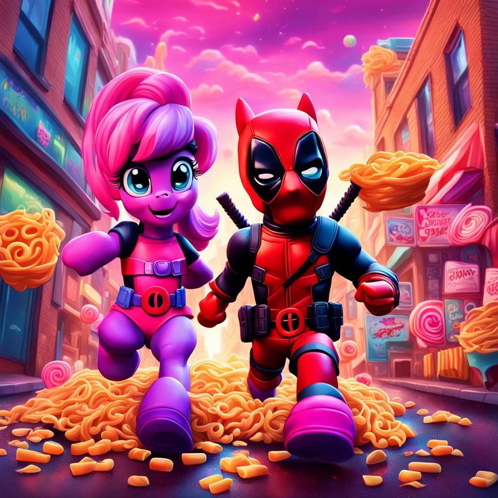 Deadpool and Twilight Sparkle on Pasta Street in Candy Art
