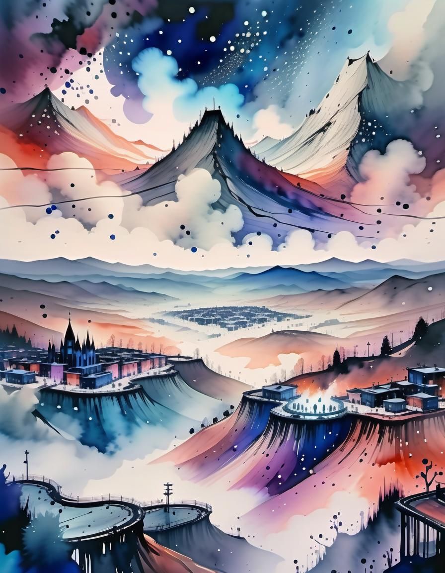 Aerial View of City in Valley Under Foggy Starry Sky