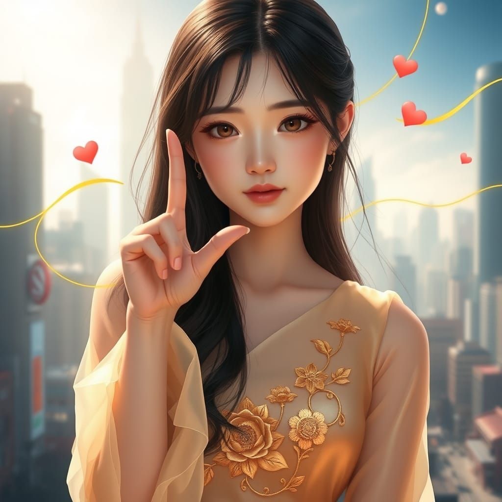 Beautiful Japanese Woman with Finger Heart in Fantasy City