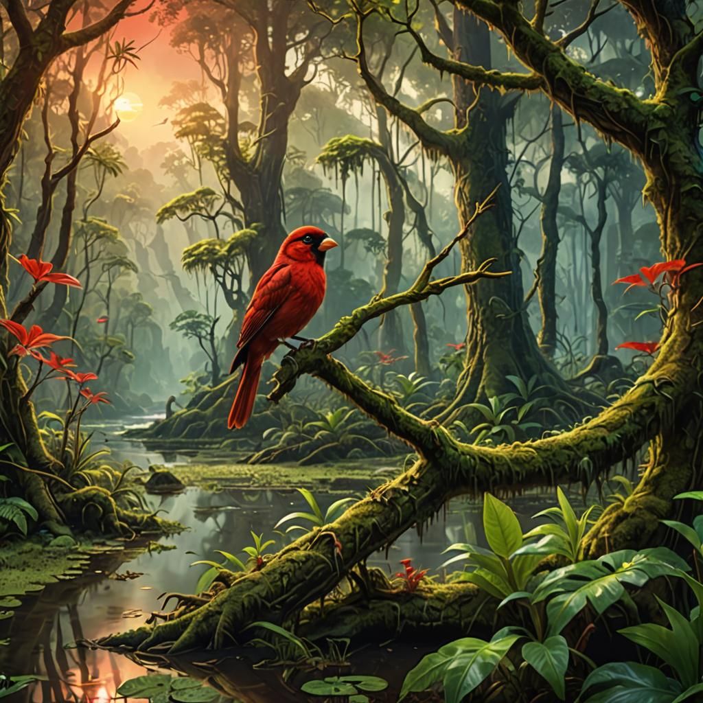 Red Bird in Forest Swamp: A Digital Illustration