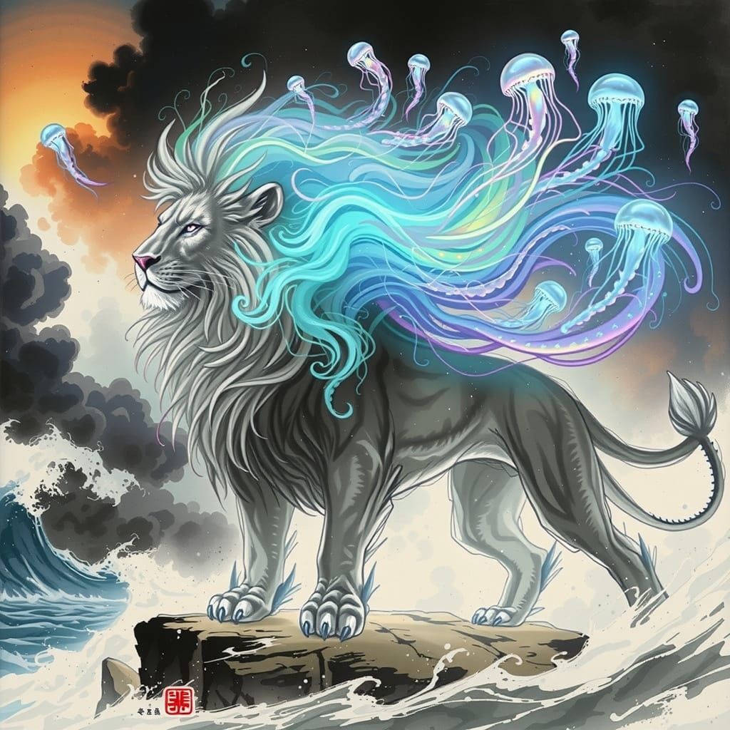 Bioluminescent Jellyfish Mane Lion on Stormy Sea