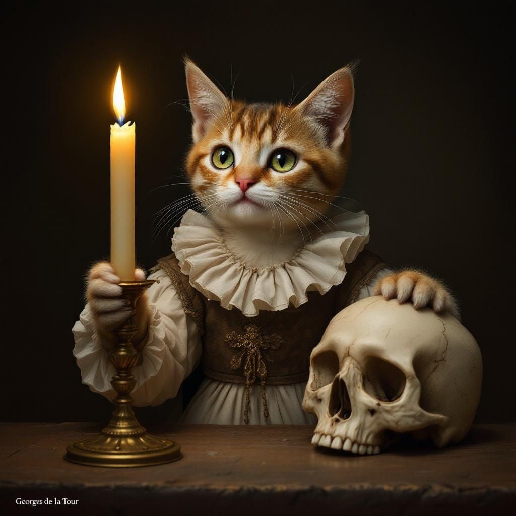 Pensive Cat with Candle in Tenebrism Style