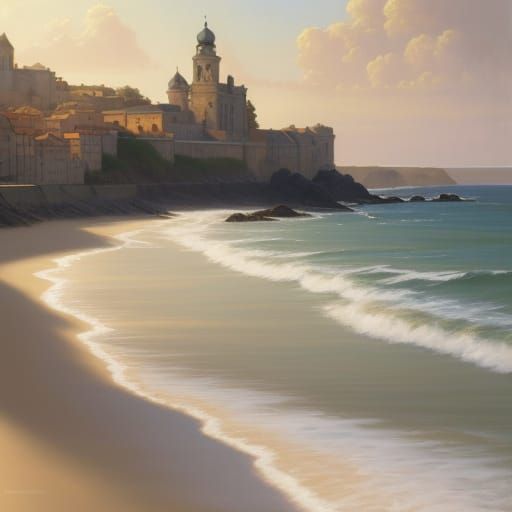 Coastal Town in Baroque Oil Painting Style