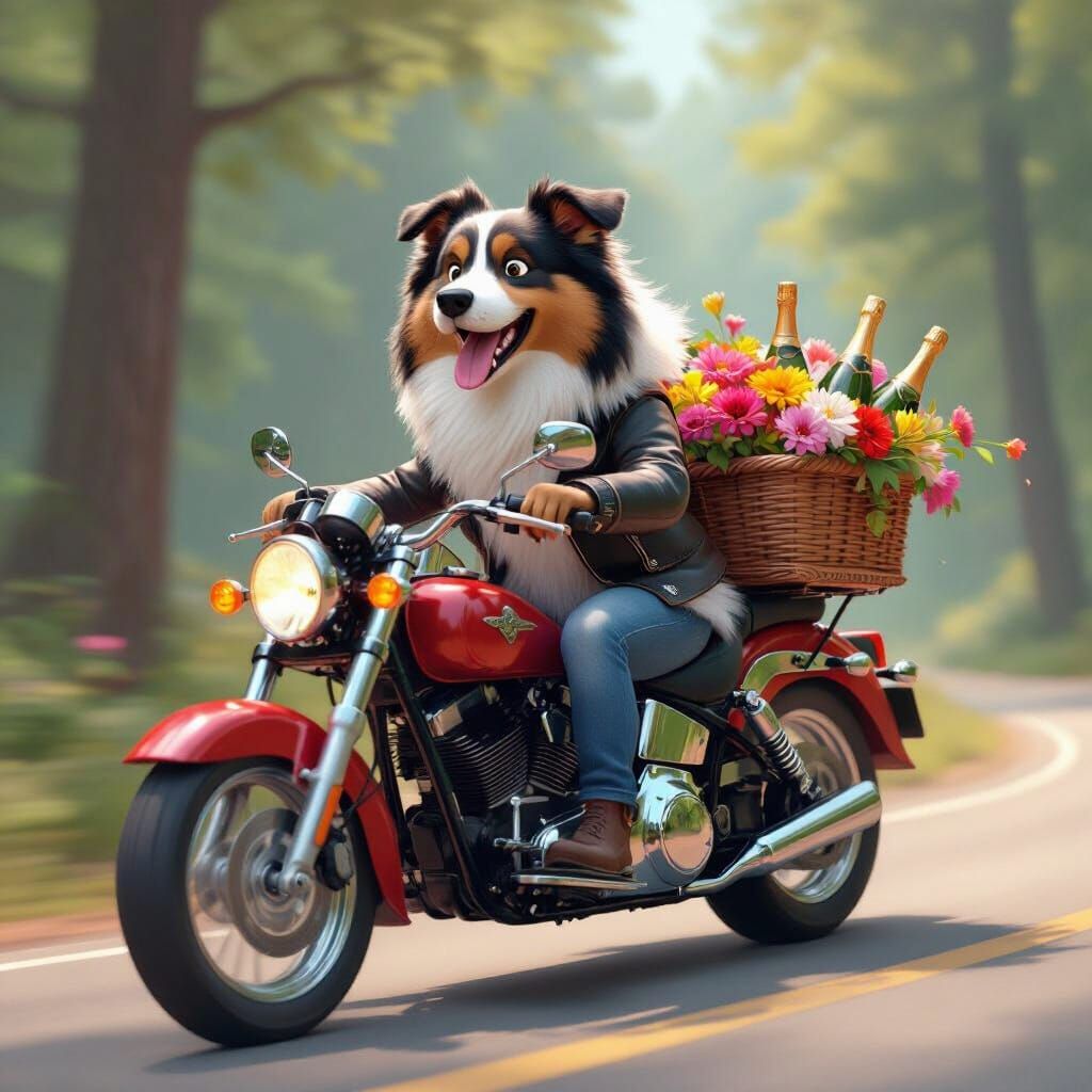 Tricolore Collie Rides Motorcycle Through Blurring Forest