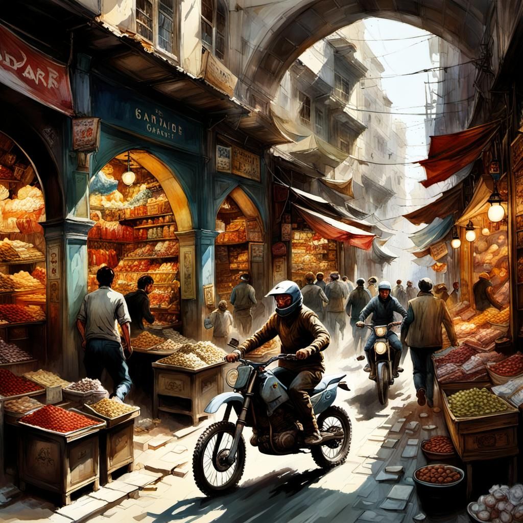 Dirt Bike Chaos in Istanbul Bazaar: Watercolour Art