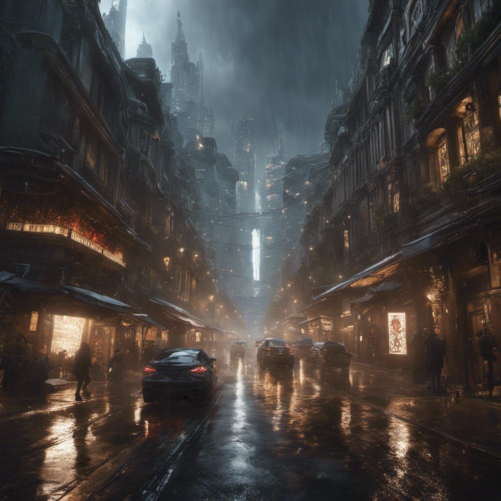 Futuristic City in Matrix Rain, Hyperdetailed Splash Art