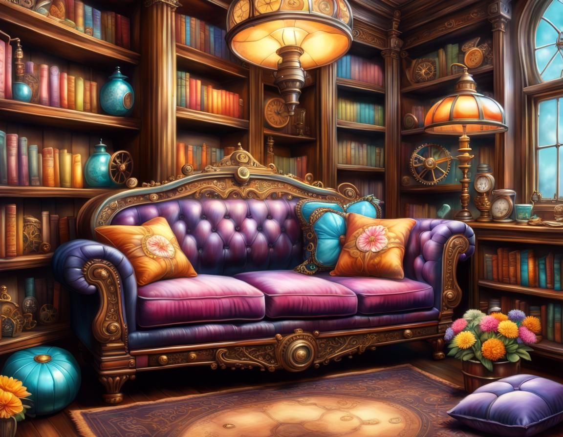Cozy Steampunk Library in Candy Art Style