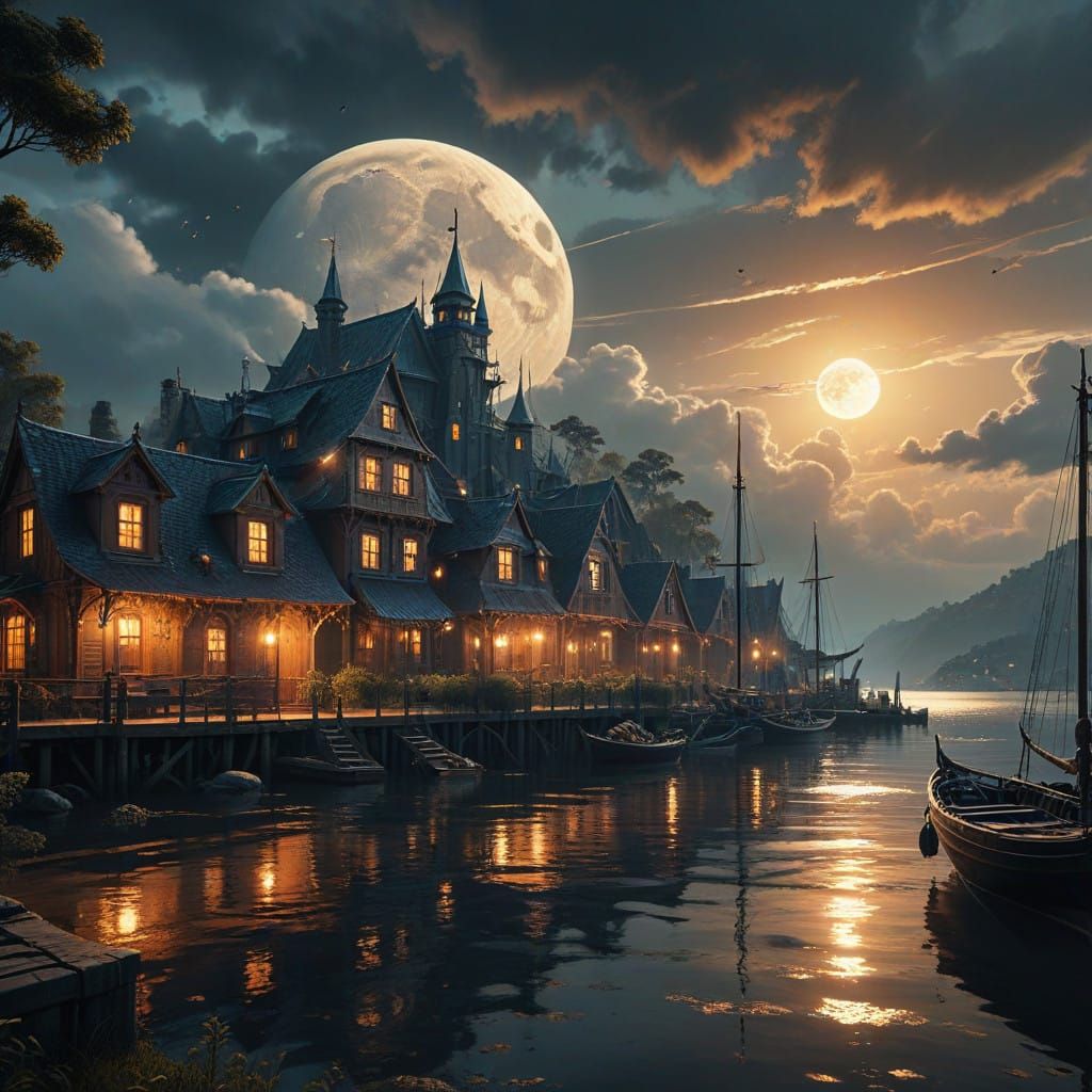 Mystical Moonrise Over a Tranquil Evening Bay