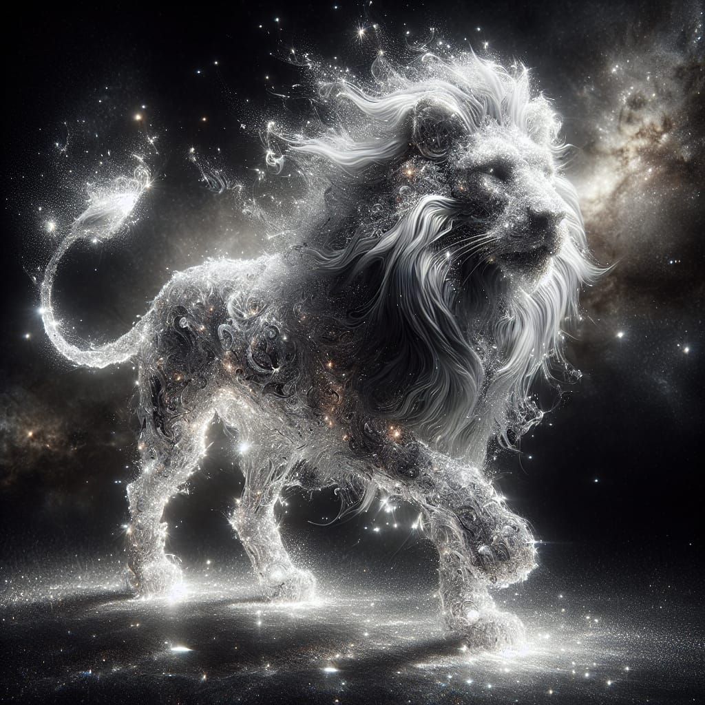 Ethereal Lion Made of Light in Galactic Landscape