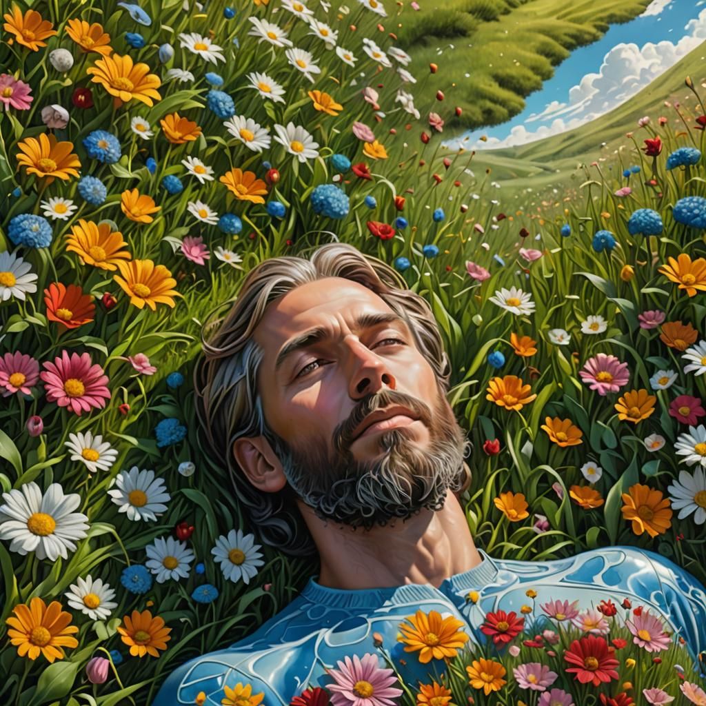 Man Relaxing in Flower Meadow, Comic 3D Art
