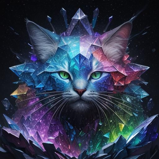 Cosmic Stained Glass Cat: Digital Mosaic Art