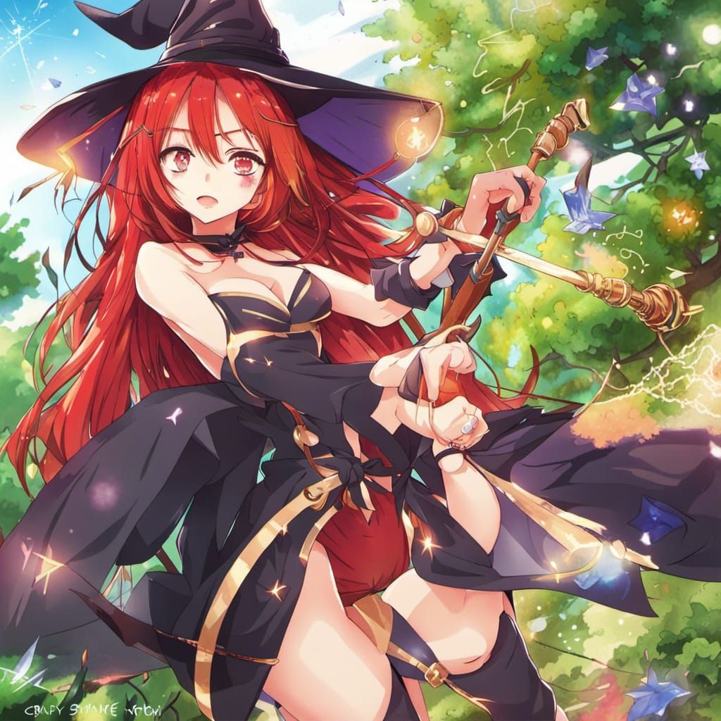 Red-Haired Witch Girl with Magic Staff in Anime Style