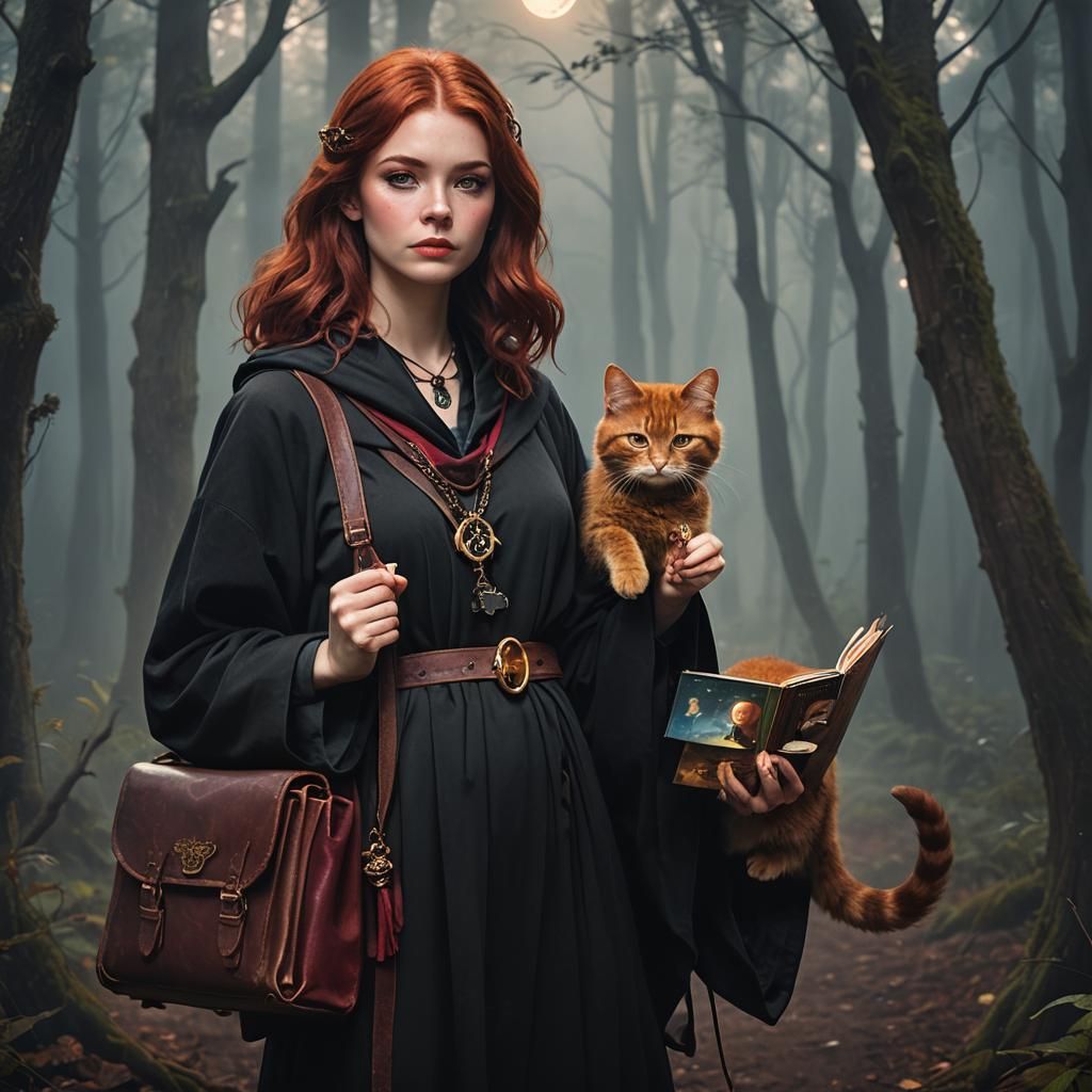 Mystical Girl with Cat in Dark Fantasy Forest