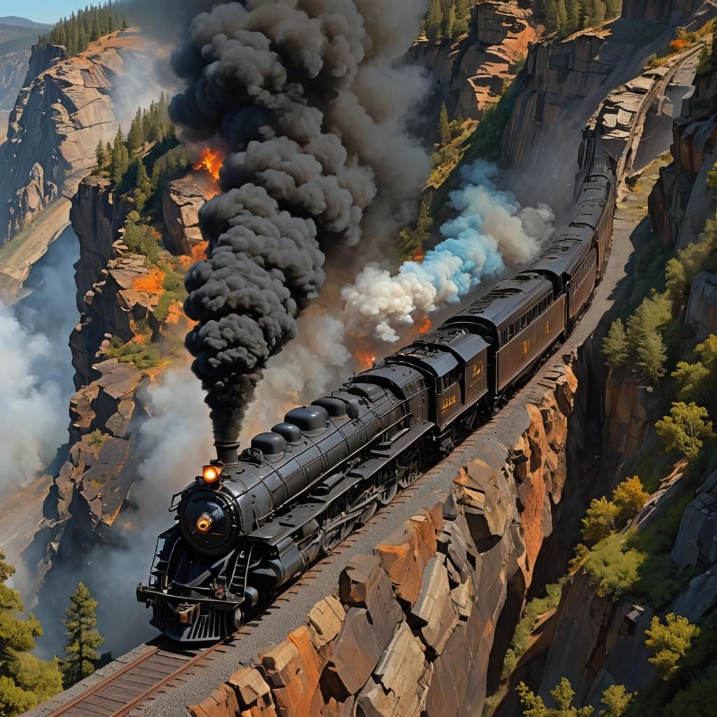 Big Boy Locomotive on Steep Cliffs, Maximalist Oil Painting