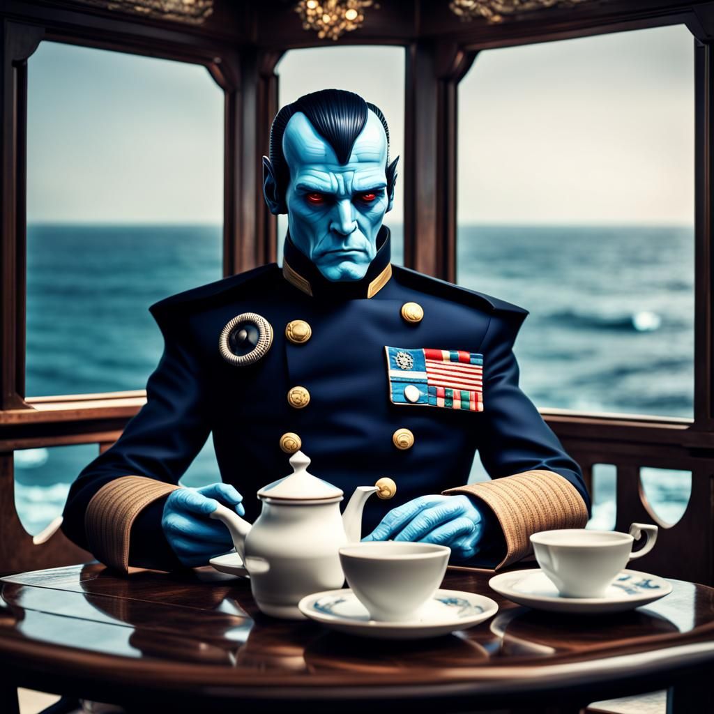 Hyperrealistic Grand Admiral Thrawn's Seaside Tea