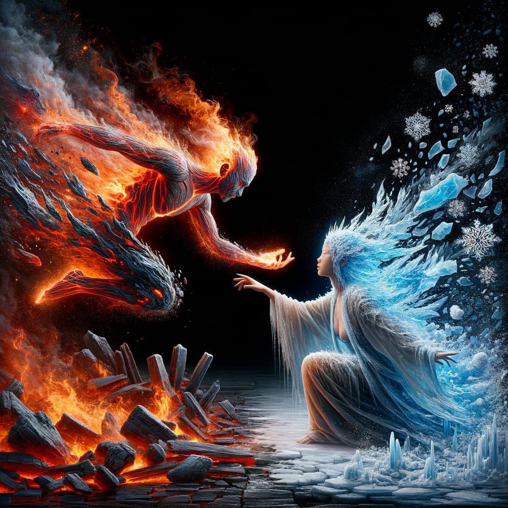Fire God Reaching Ice Goddess in Digital Art