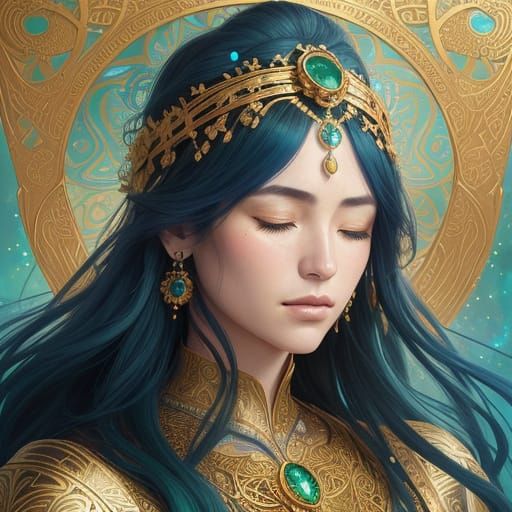 Golden Goddess in Serene Contemplation, Art Nouveau Style