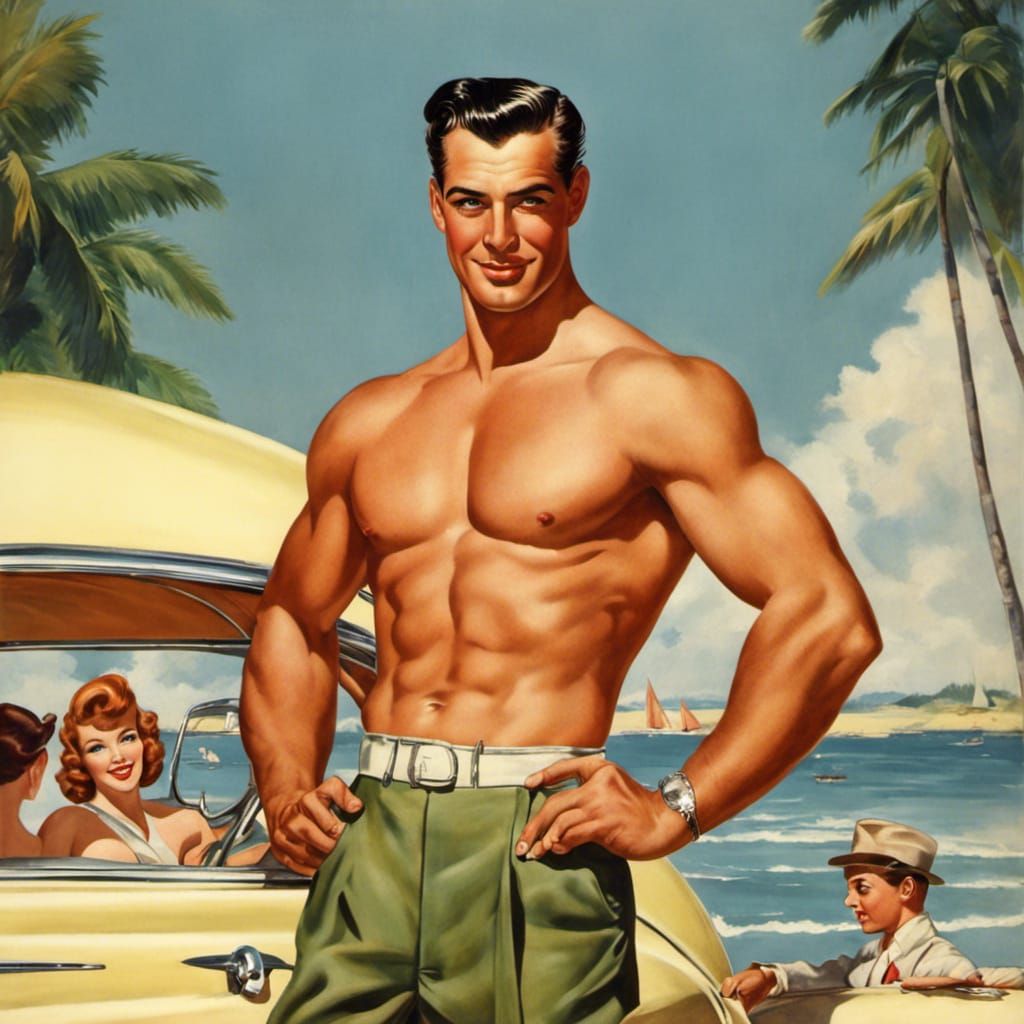 Idealized Muscular Man in 1940s Pin-Up Style