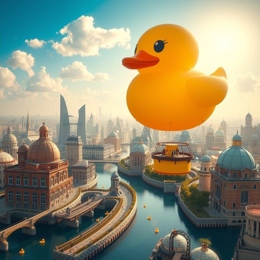 Surreal Cityscape with Giant Rubber Duck Balloon and Winding...