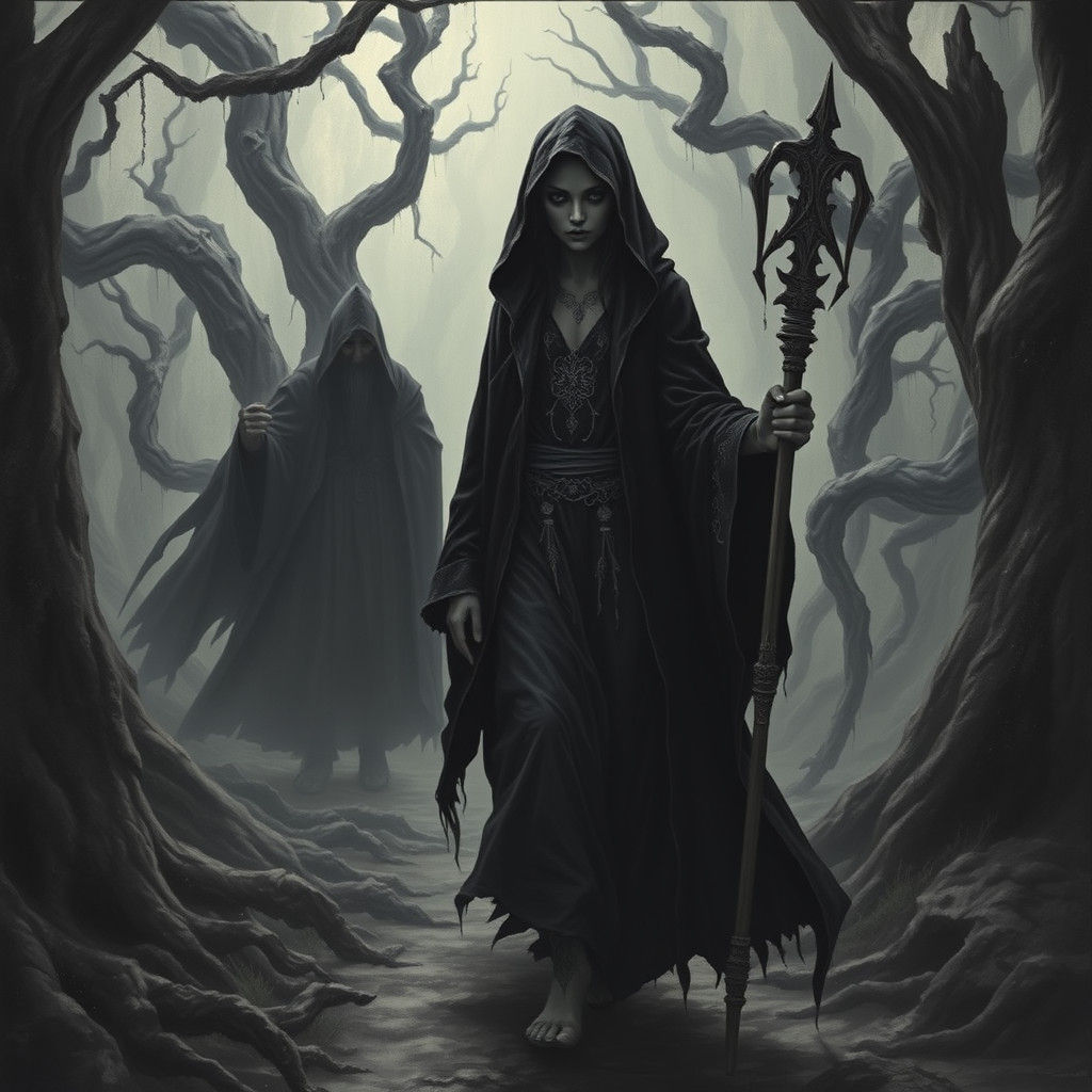 Mysterious Elf and Wizard in Misty Forest