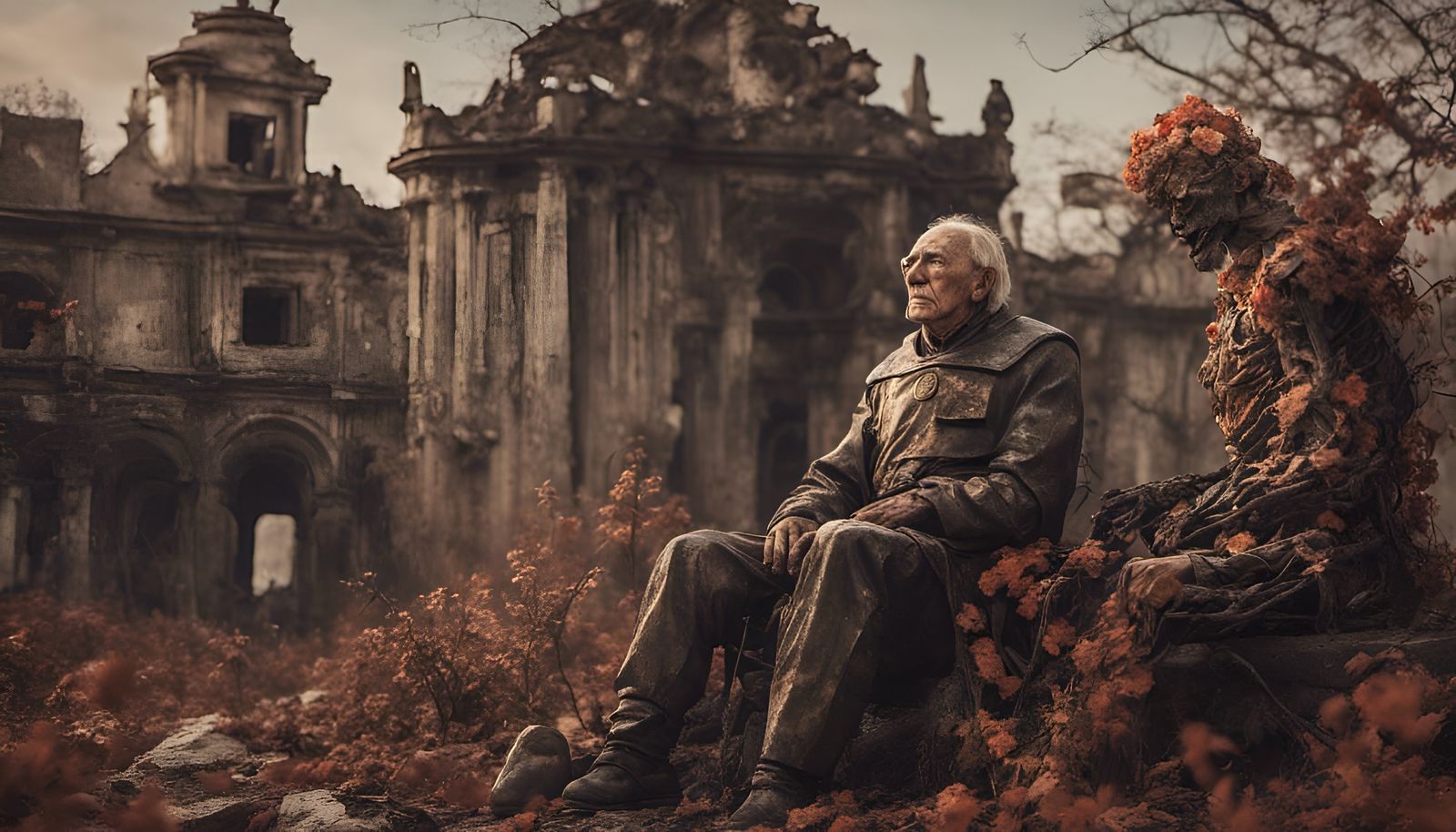 Despairing Man Beside Cyborg Statue in Apocalyptic Ruins
