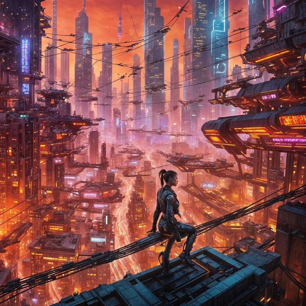 Cyborg Woman Flies Over Cyberpunk Kowloon