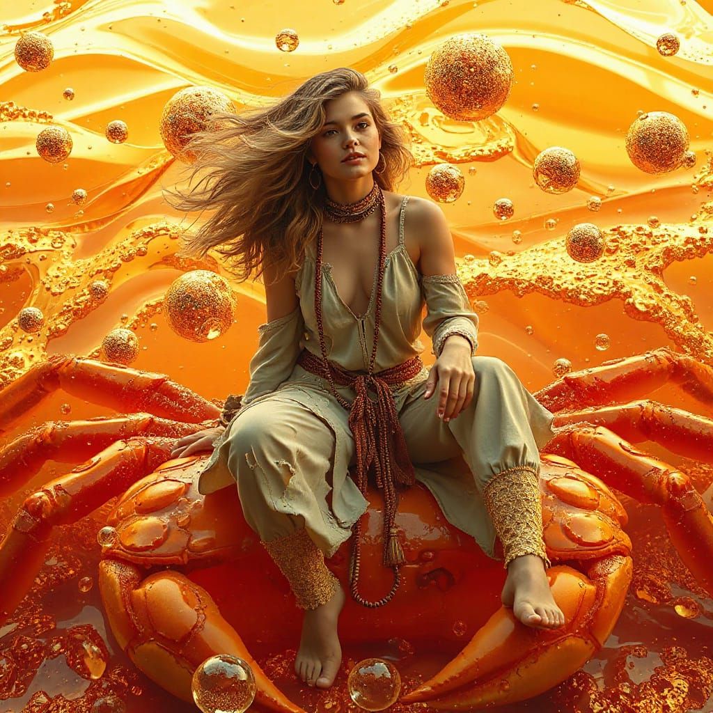 Woman on Gummy Crab in Soda Sea, Neon Futurism Style
