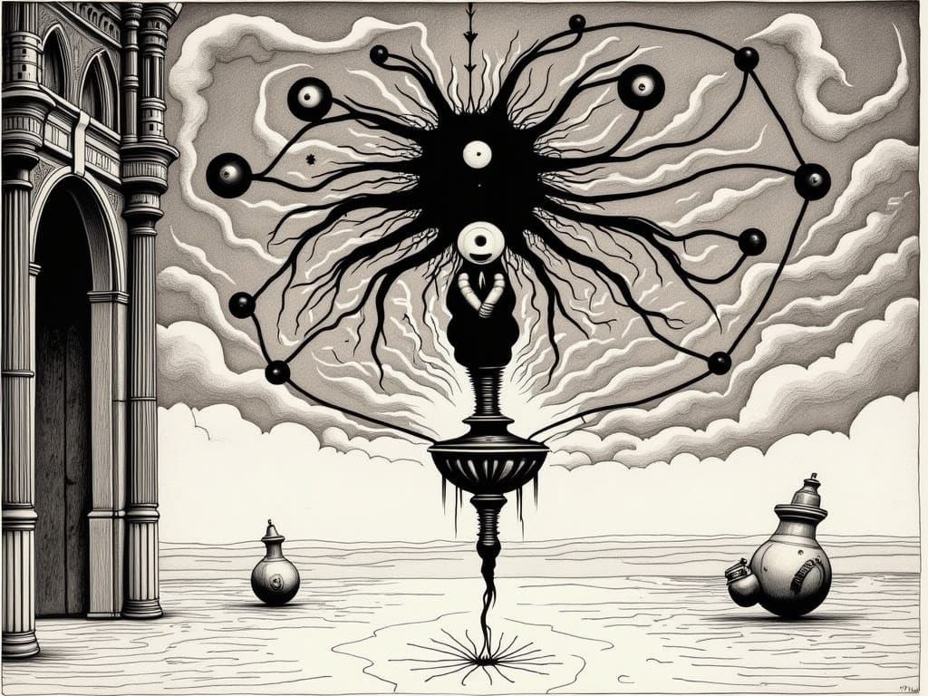 Surreal Djinn Emerges from Art Deco Oil Lamp in Mixed Media