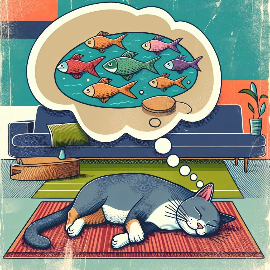 Cat's Dream of Fish in an Abstract Living Room