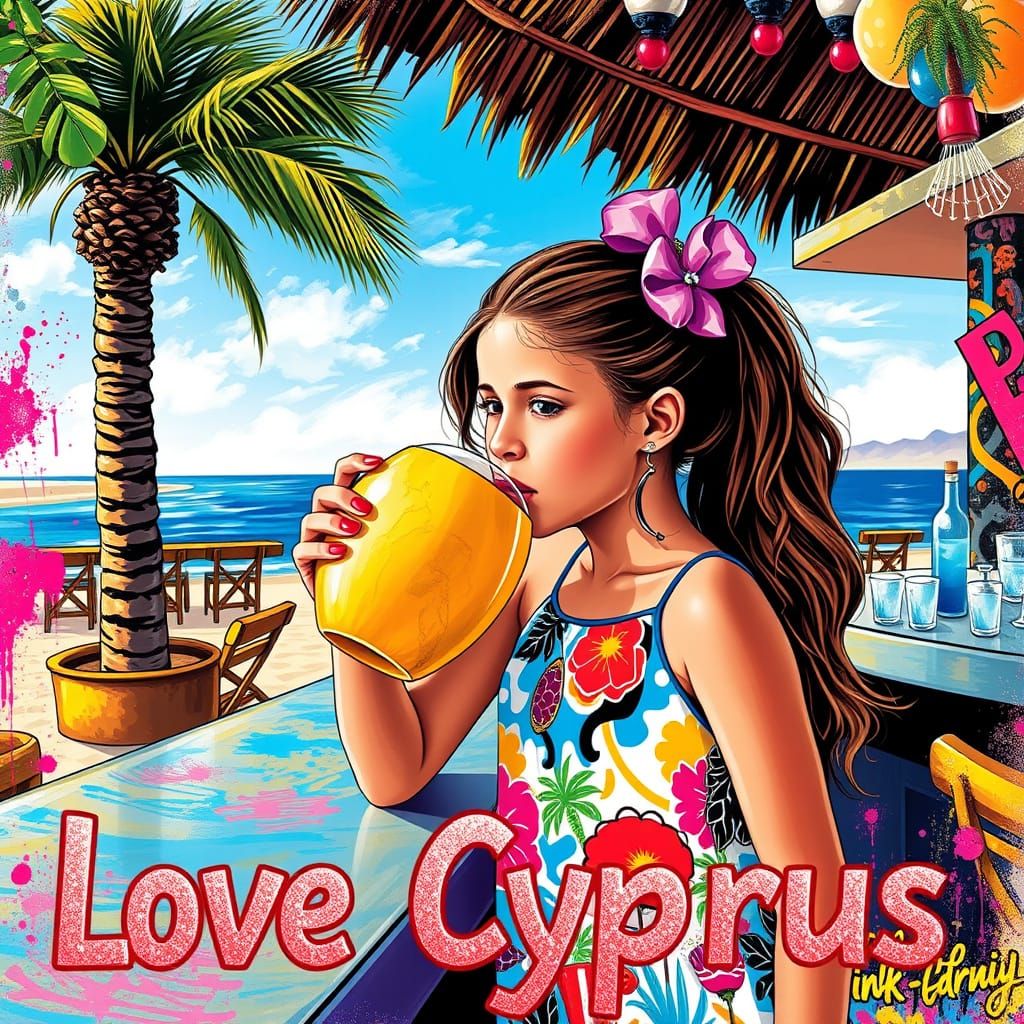 Girl on Cyprus Beach with Graffiti Art, Polychromatic Style