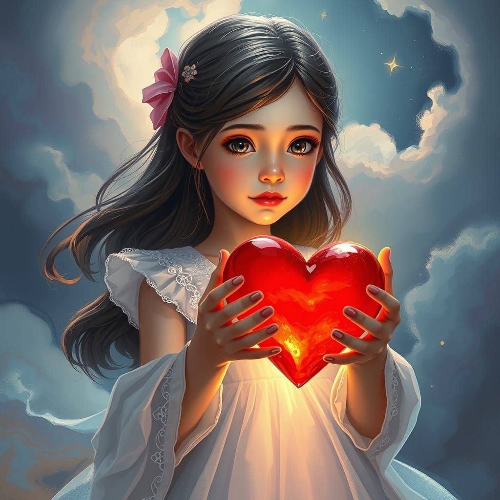 Ethereal Girl Holds Glowing Heart in Dreamlike Landscape